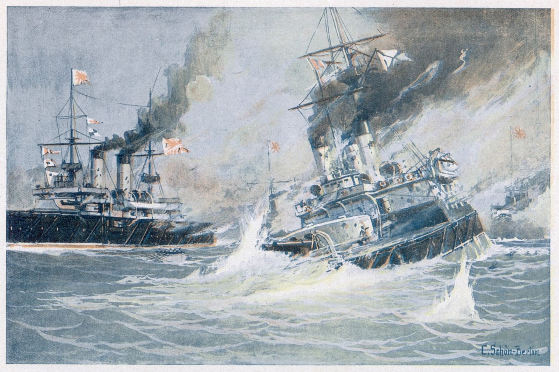 Ruská bitevní loď Navarin se potápí v bitvě u Cušimy