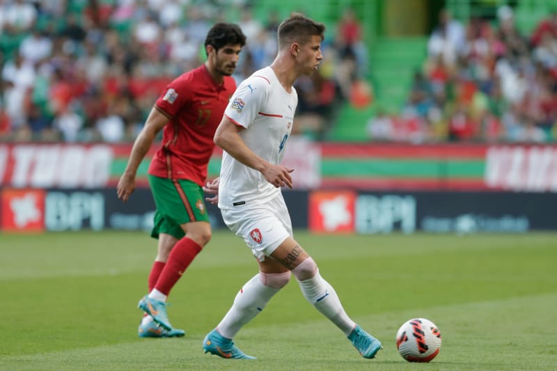Adam Hložek v zápase s Portugalskem.