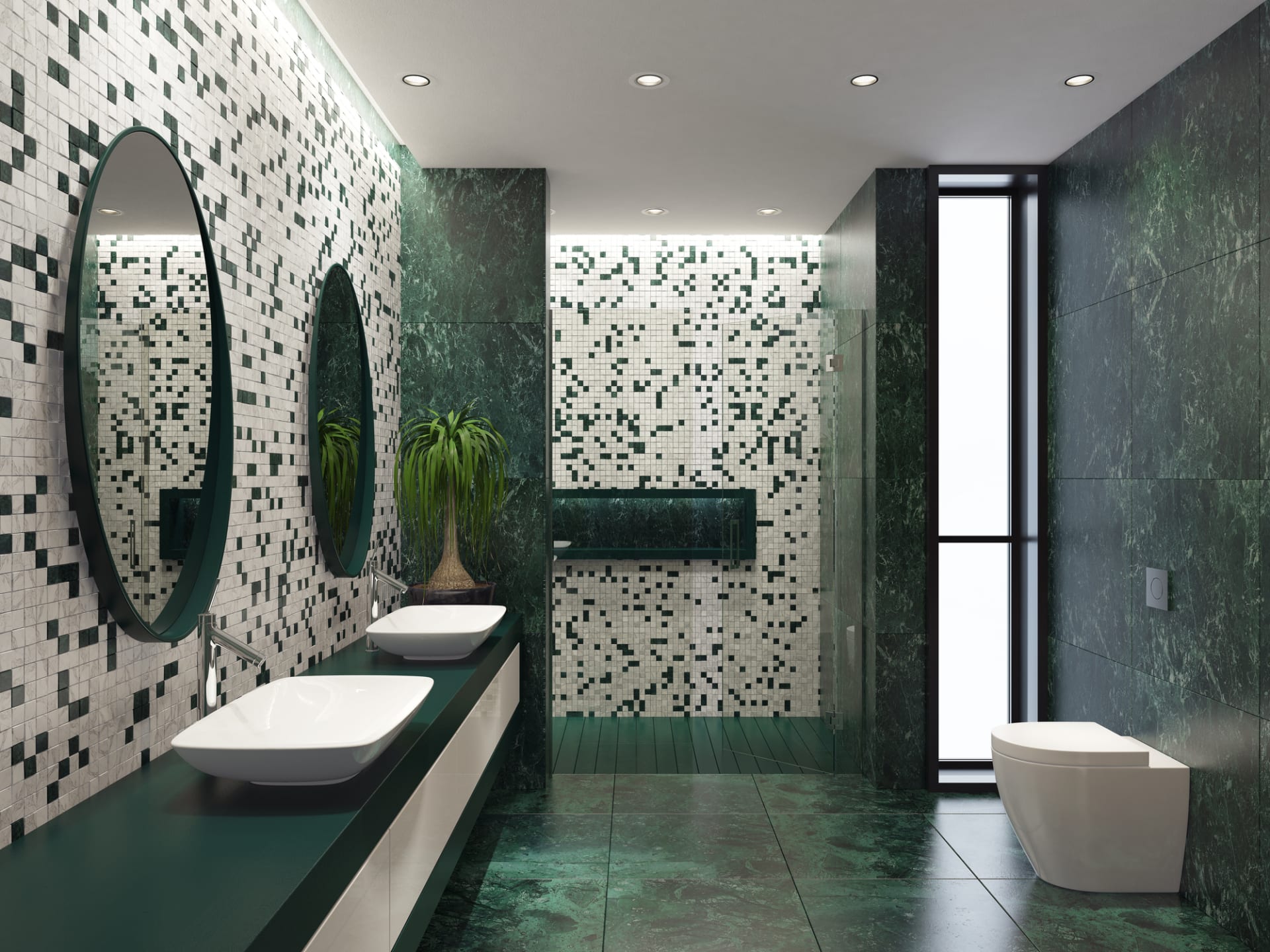 Moderní koupelna v lahvově zelených tónech