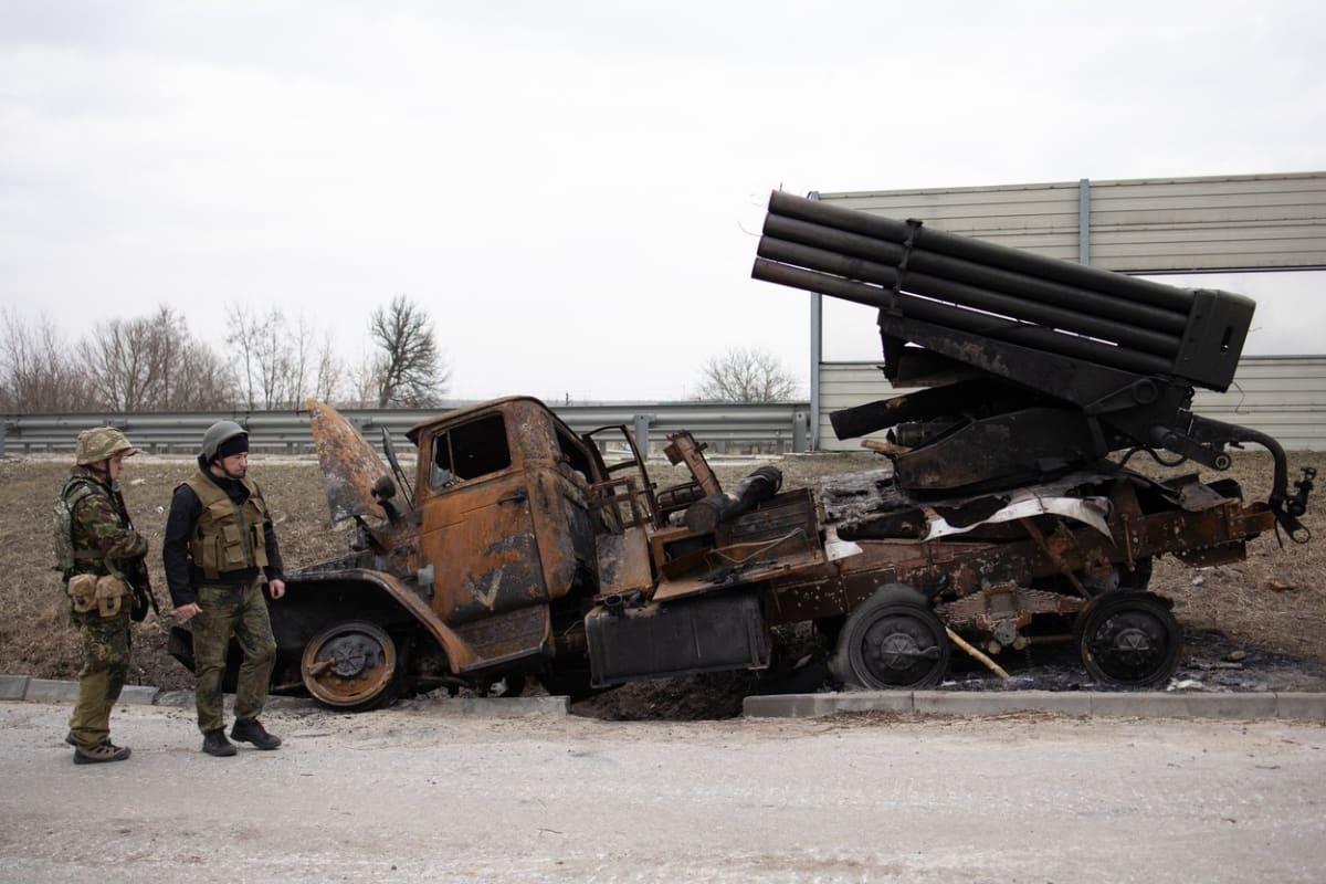 Ukrajinci zničili ruský salvový raketomet. (26. března 2022)