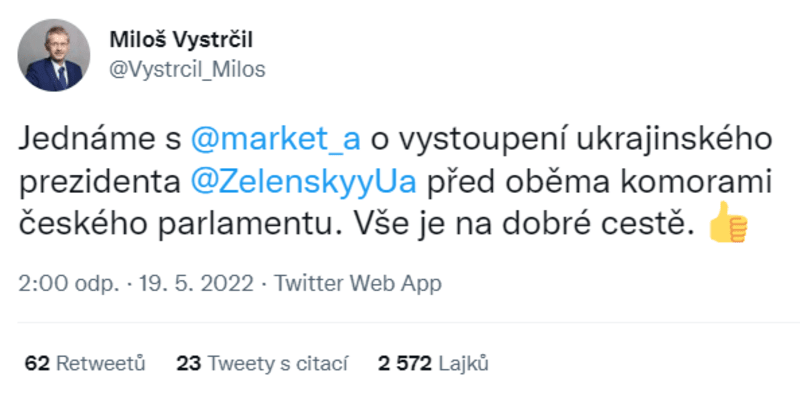 Nejúspěšnější příspěvek na Twitteru Miloše Vystrčila za poslední dobu 