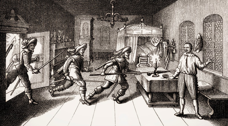 Jedno z uměleckých ztvárnění zavraždění Albrechta z Valdštejna.