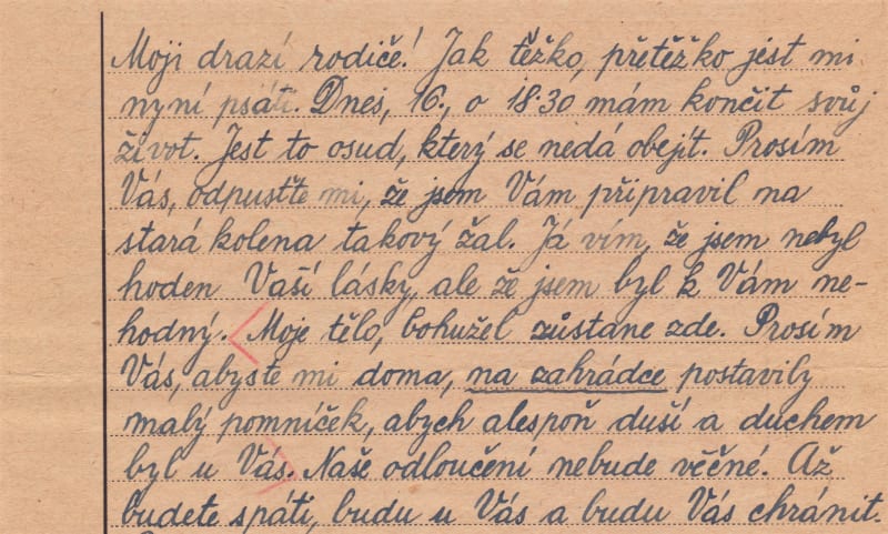 Zpráva z cely smrti. Dopis J. Sládečka z 16. 2. 1943. Napsán byl v berlínské věznici Plötzensee jen krátce před popravou. Dopis ale rodičům nikdy nedošel. 