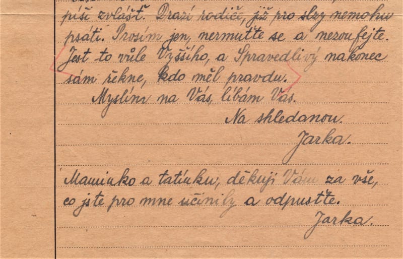 Zpráva z cely smrti. Dopis J. Sládečka z 16. 2. 1943, detail listu. Napsán byl v berlínské věznici jen krátce před popravou. Dopis rodičům nikdy nedošel.