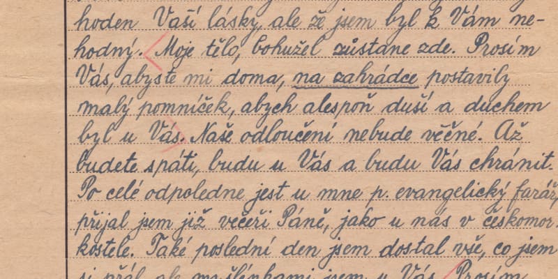 Zpráva z cely smrti. Dopis J. Sládečka z 16. 2. 1943. Napsán byl v berlínské věznici Plötzensee jen krátce před popravou. Dopis ale rodičům nikdy nedošel. 