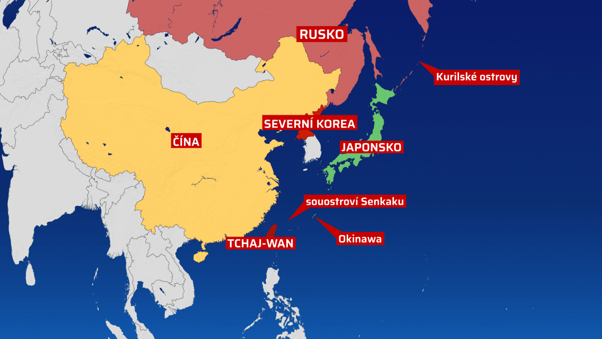 Mapa východní a jihovýchodní Asie kolem Japonska a Tchaj-wanu