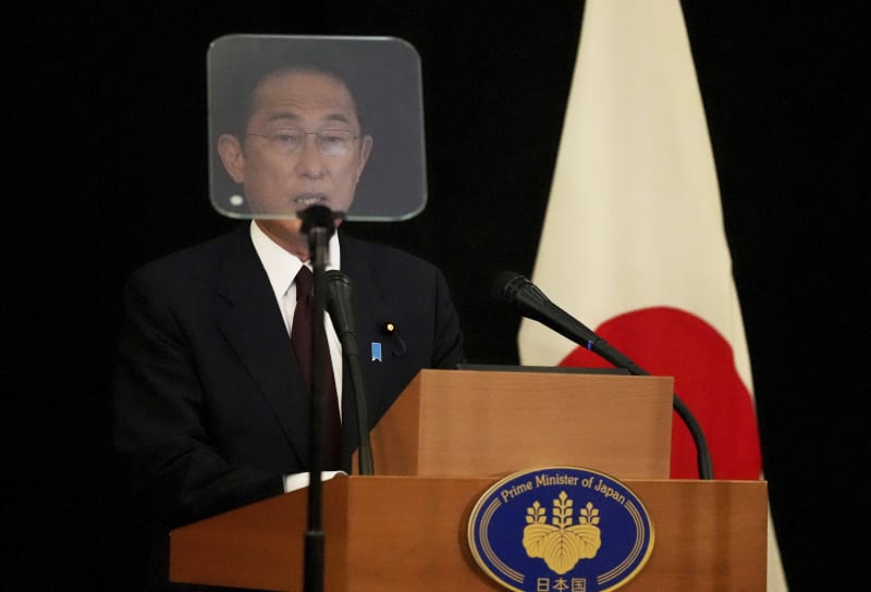 Japonský premiér Fumio Kišida při vystoupení na summitu států G7 na zámku Elmau v Německu. 