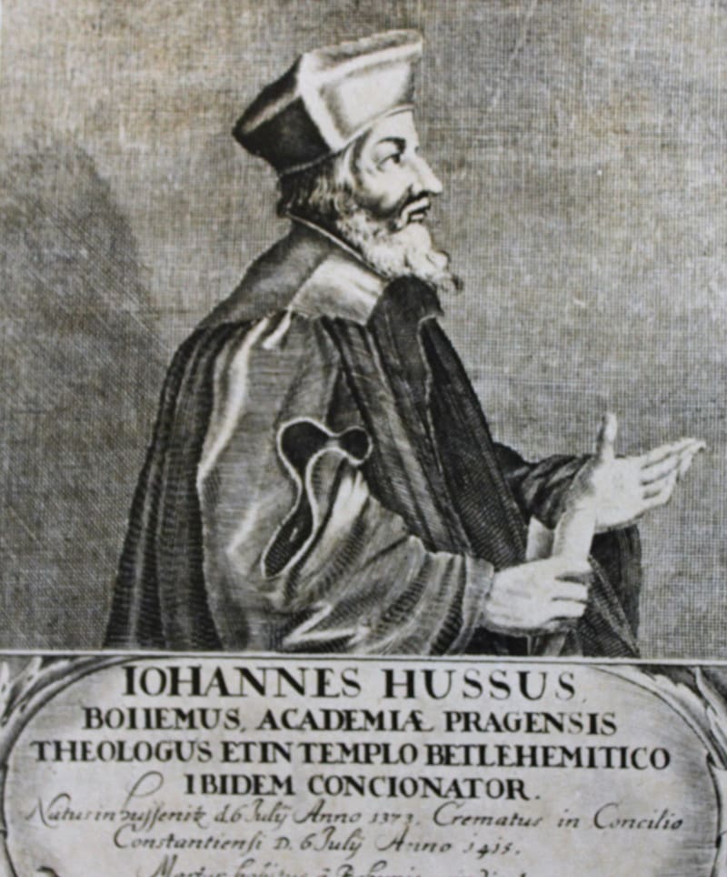 Jan Hus, rytina z doby kolem roku 1700 (fotografie z knihy Ze zpráv a kronik doby husitské, 1981)