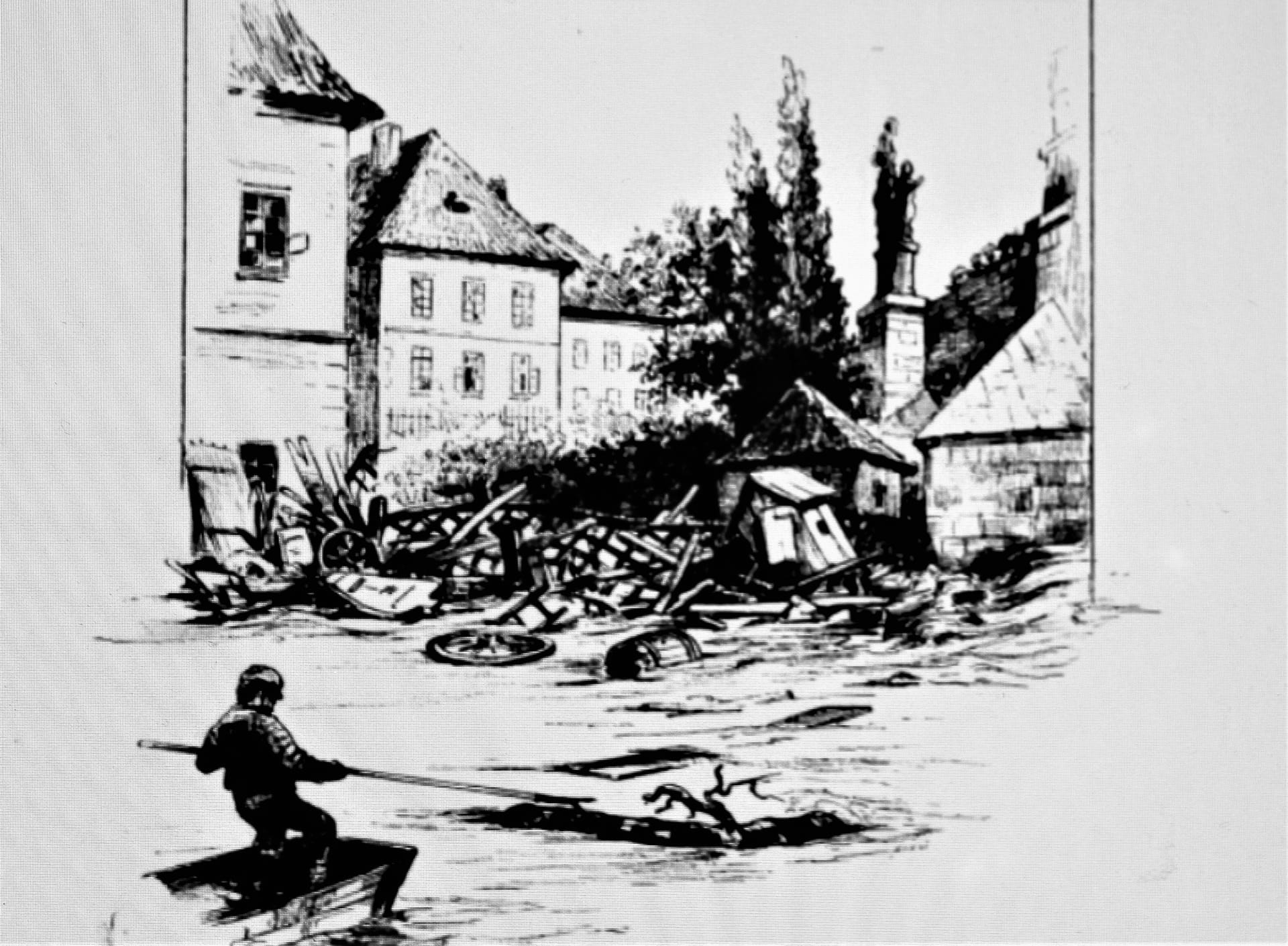 Z knihy Povodeň v Čechách 1890. Pobořený Karlův most z pohledu od Kampy