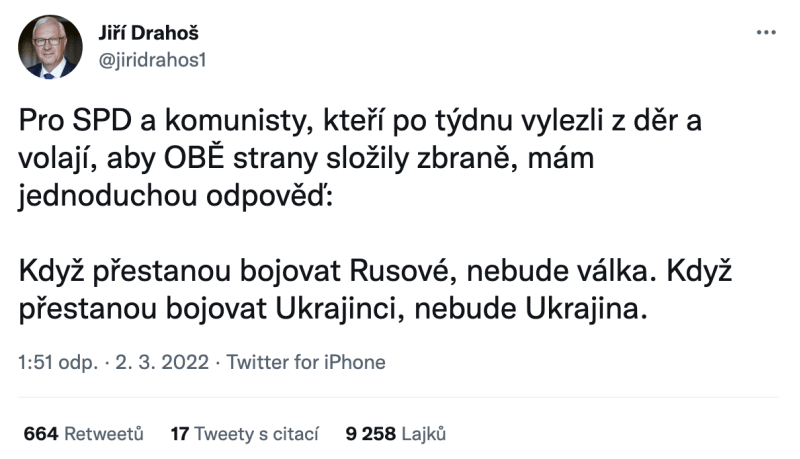 Nejúspěšnější příspěvek na Twitteru Jiřího Drahoše