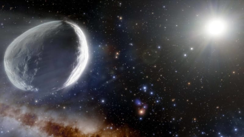 Umělecké zobrazení komety Bernardinelli-Bernsteinení úplně přesné, její jádro je ve skutečnosti úplně černé