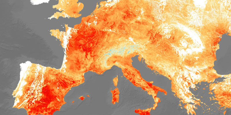 Teplotní mapa Evropy z roku 2019