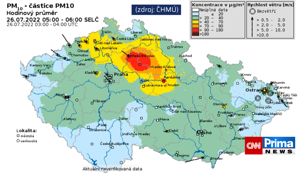 Mapa ukazuje míru znečištění v důsledku požáru u Hřenska.