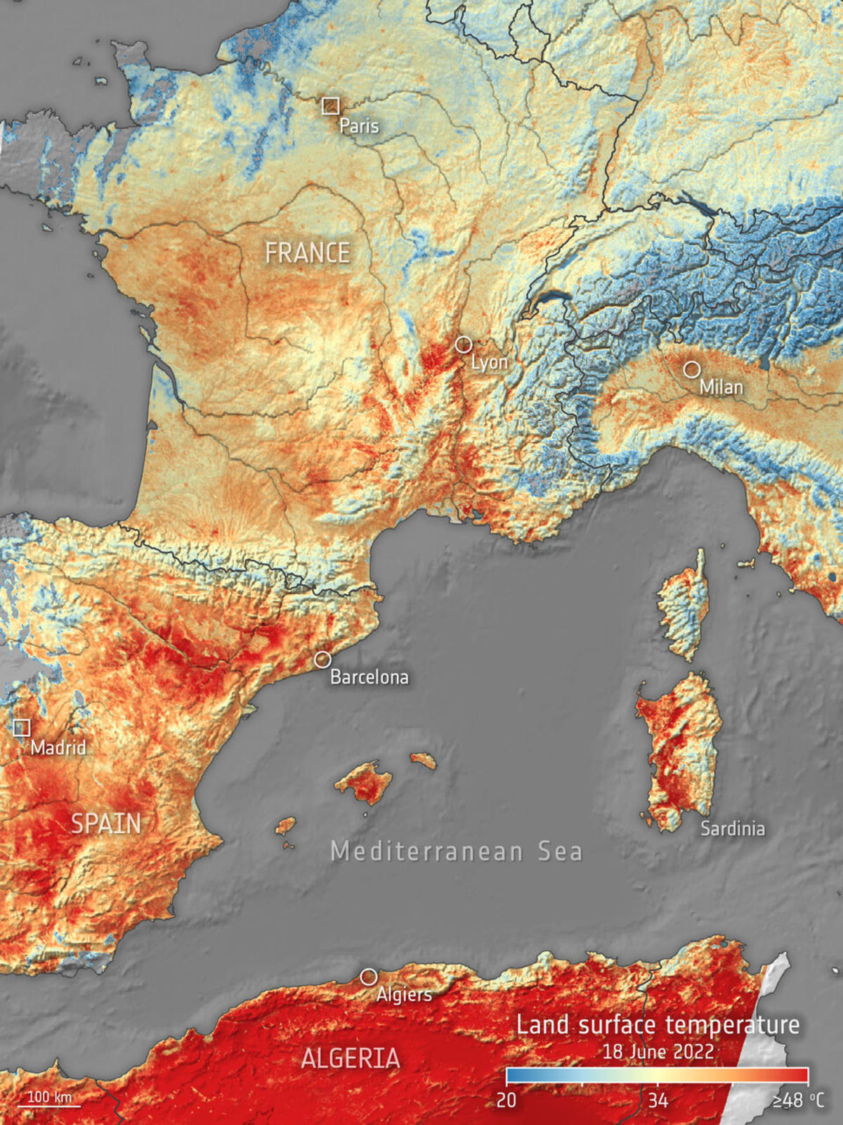 Nárůst teplot zaznamenala Evropská kosmická agentura především ve Španělsku či Francii.
