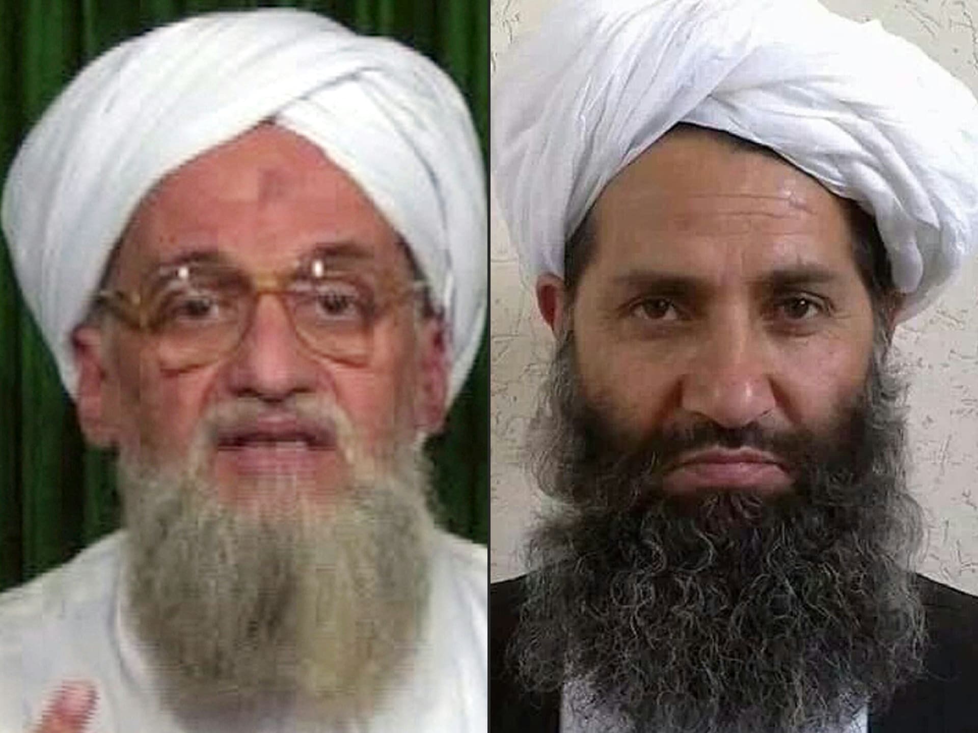 Šéf Al-Káidy Ajman az-Zaváhirí (vlevo) a šéf Tálibánu Mullah Haibatullah Akhundzada (vpravo) (rok 2016)