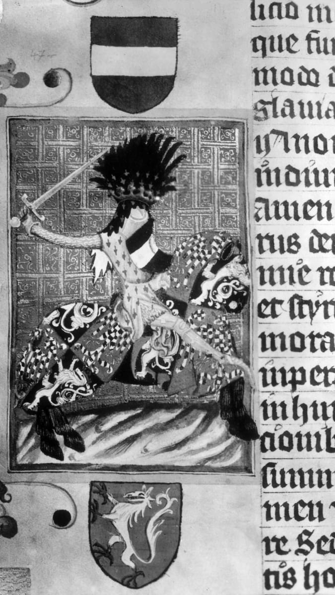 Přemysl Otakar II., král český, markrabě moravský, vévoda rakouský a štýrský, na kresbě z Gelnhausenova kodexu.