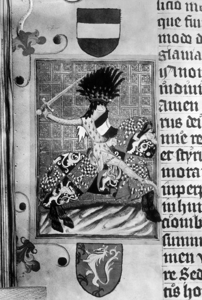 Přemysl Otakar II., král český, markrabě moravský, vévoda rakouský a štýrský, na kresbě z Gelnhausenova kodexu.