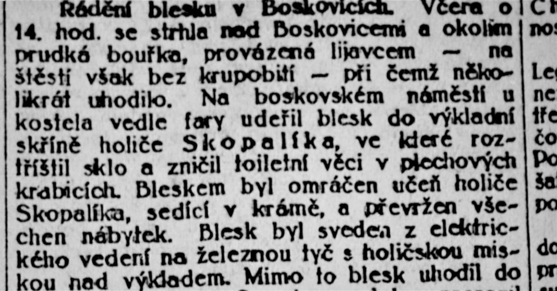 Bizarní zásah blesku do holičského krámu v Boskovicích v roce 1927