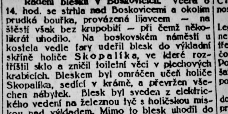 Bizarní zásah blesku do holičského krámu v Boskovicích v roce 1927