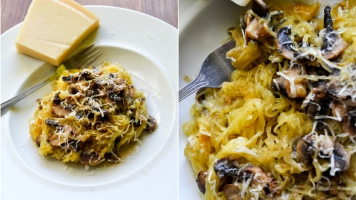 Špagetová dýně s parmazánem a česnekovými houbami