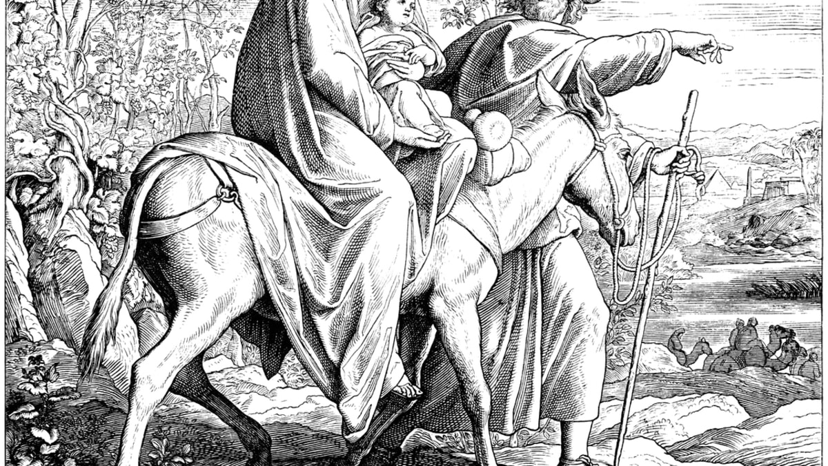 Josef odvádí Marii s Ježíšem do Egypta, aby unikli královo vraždění.