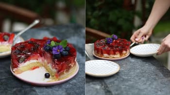 Retro piškotový dort s ovocem a želatinou