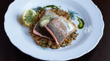 Fermented durum wheat and rainbow trout baked with lemon butter