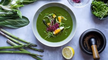 Swiss chard soup with asparagus, egg and delicate vegetables