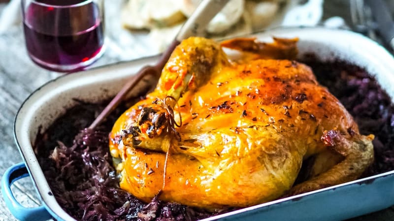 Pečené kuře à la kachna s červeným zelím