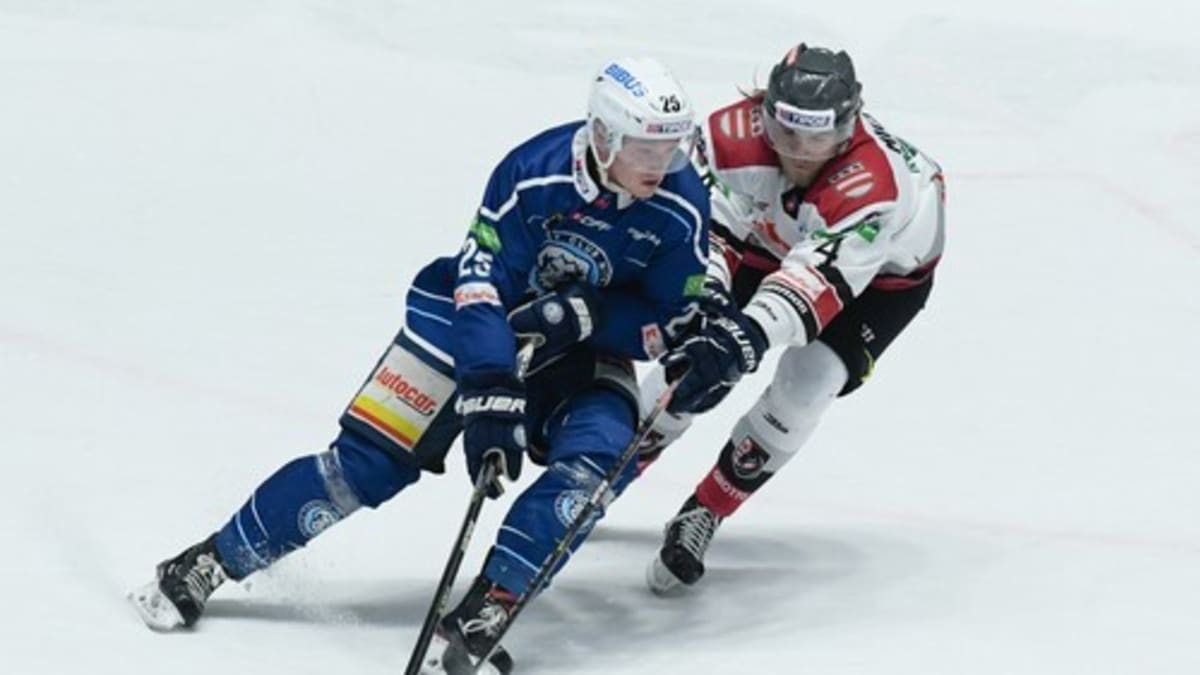 Samuel Buček (vlevo) a Albert Michnáč bojují o puk v zápase 30. kola hokejové Tipos extraligy HK Nitra – HC Grotto Prešov v Nitře.