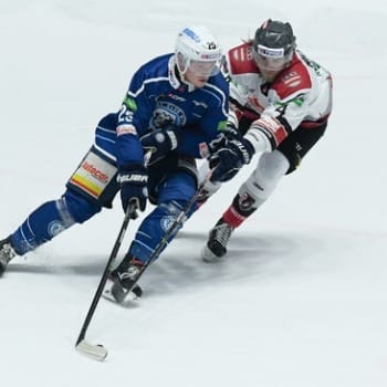 Samuel Buček (vlevo) a Albert Michnáč bojují o puk v zápase 30. kola hokejové Tipos extraligy HK Nitra - HC Grotto Prešov v Nitře.