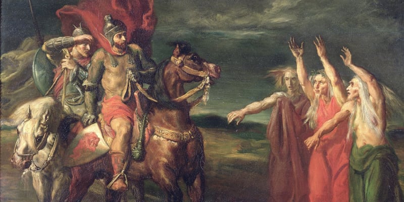 Macbeth a tři čarodějnice na malbě z roku 1855