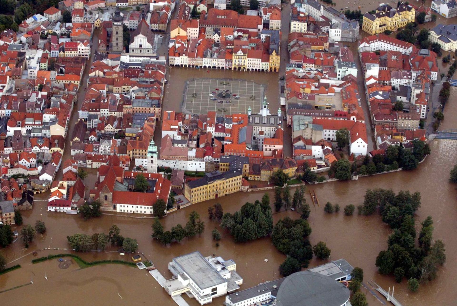 Zaplavené centrum Českých Budějovic