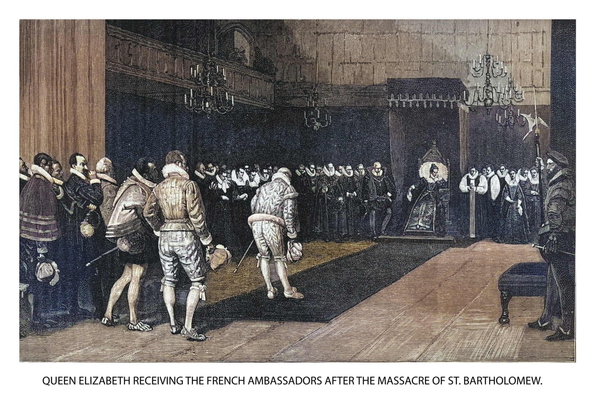 Alžběta I. přijímá francouzské velvyslance po Bartolomějské noci