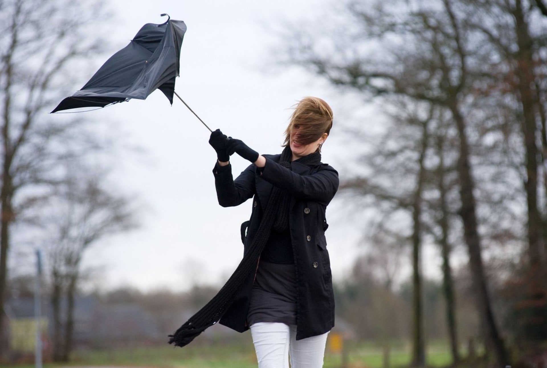 Žena s deštníkem bojuje s větrem.