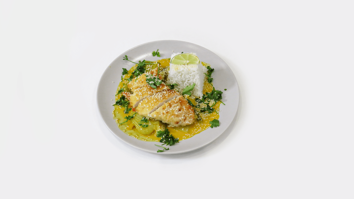 Green curry with crispy chicken, rice