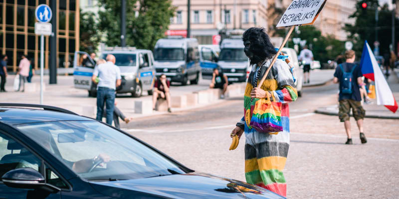 K překvapení nejednoho účastníka pochodoval v davu muž s gorilí maskou  nabízel kolemjdoucím banány.