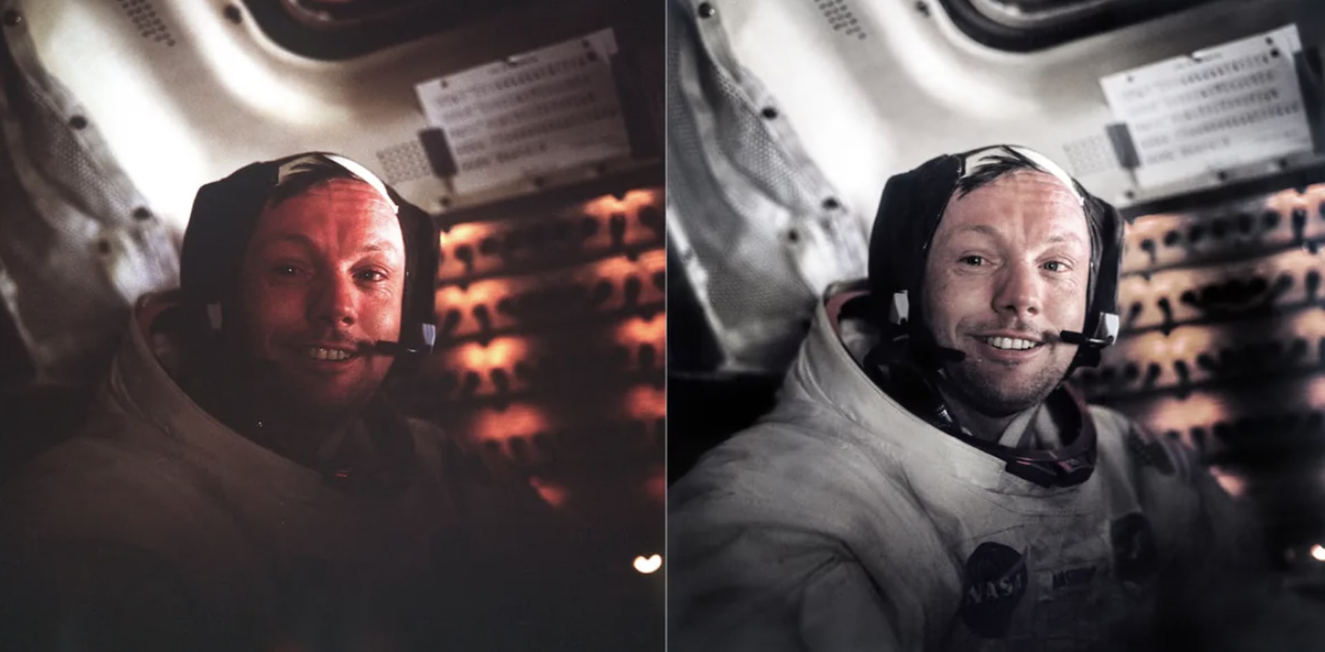 Původní a upravená fotografie Neila Armstronga