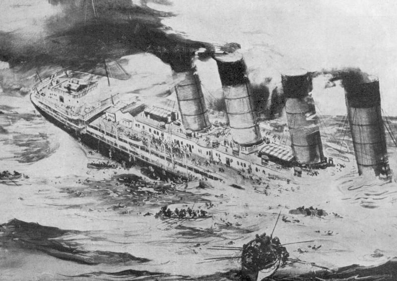 Vyobrazení potápějící se Lusitanie