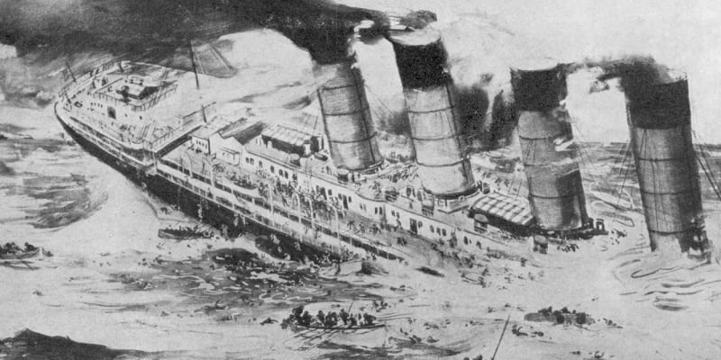 Vyobrazení potápějící se Lusitanie