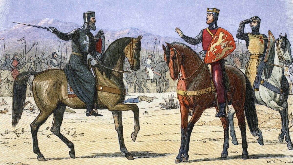 Richard I. Lví sdce s červeným štítem se před Jaffou radí s velitelem johanitů