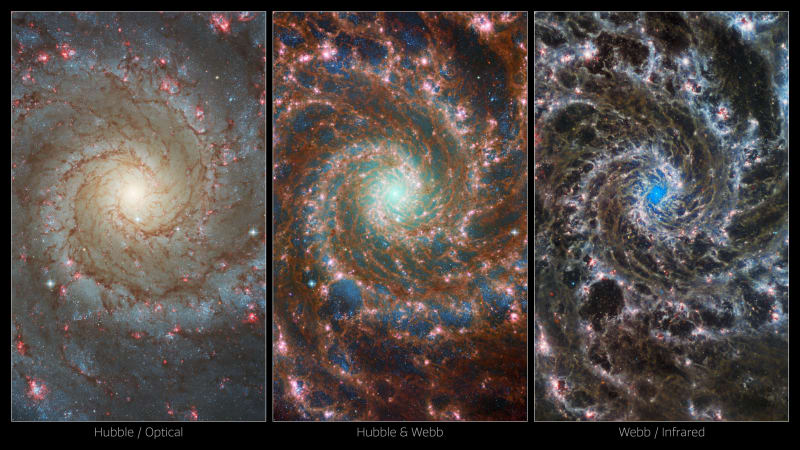 Porovnání a prolnutí snímků galaxie M74 z Hubbleova teleskopu a teleskopu Jamese Webba