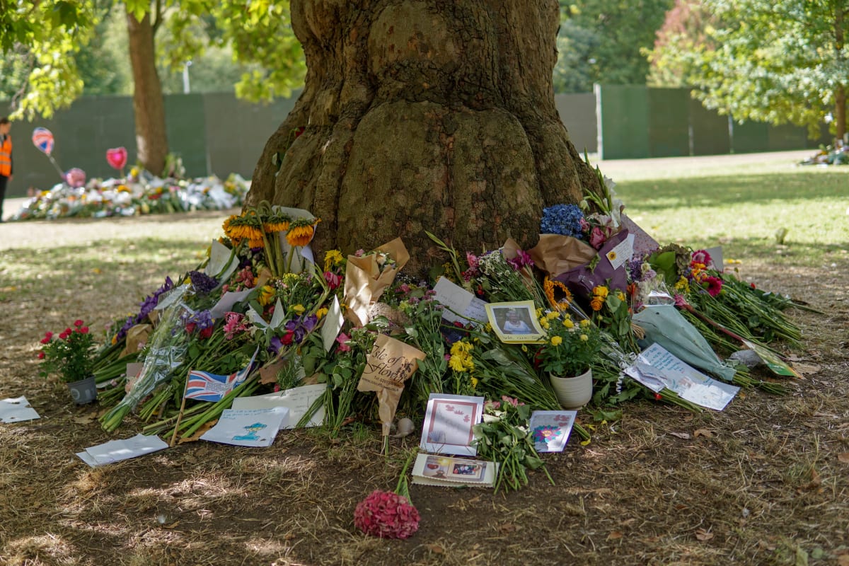 Lidé na mnoha místech v Londýně zanechali své vzkazy a květiny královně. 