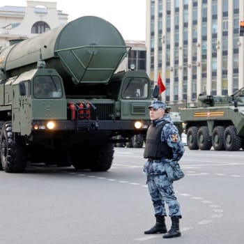 Ruský raketový systém schopný nést jaderné zbraně (5. 5. 2022 v Moskvě)