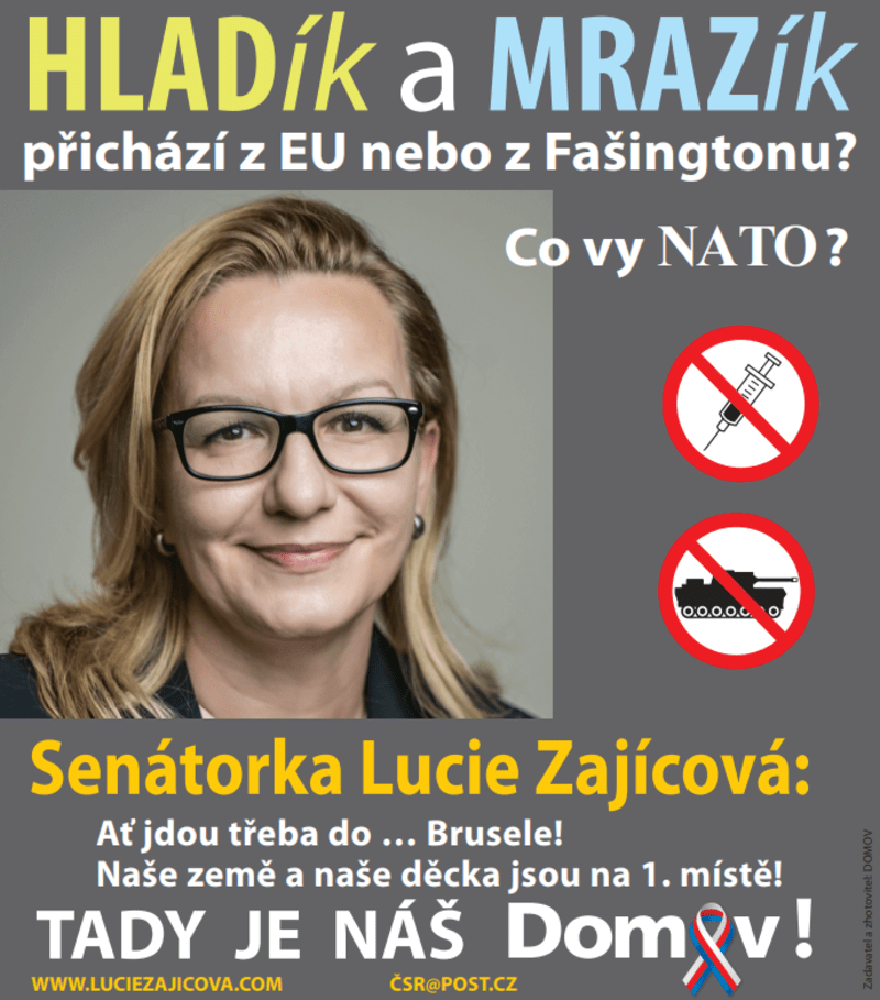 „HLADík a MRAZík přichází z EU nebo Fašingtonu? Co vy NATO?“ zní jen část velmi neotřelého textu na plakátu, který představila kandidátka do Senátu Lucie Zajícová z partaje Domov.