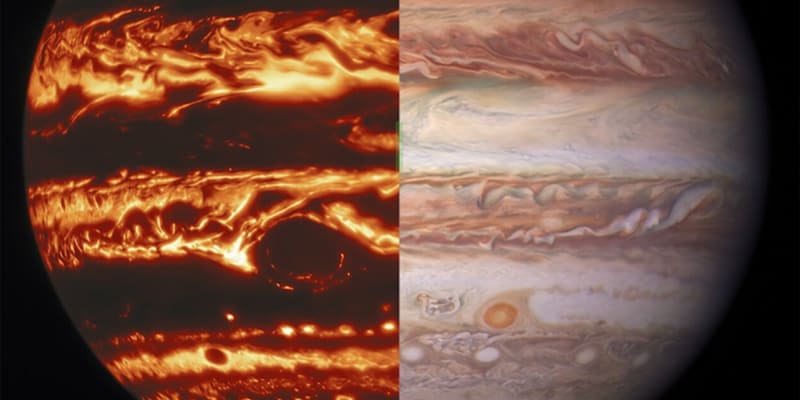 Kombinace dvou snímků Jupiteru - vlevo mikrovlnné zobrazení, vpravo viditelné pektrum