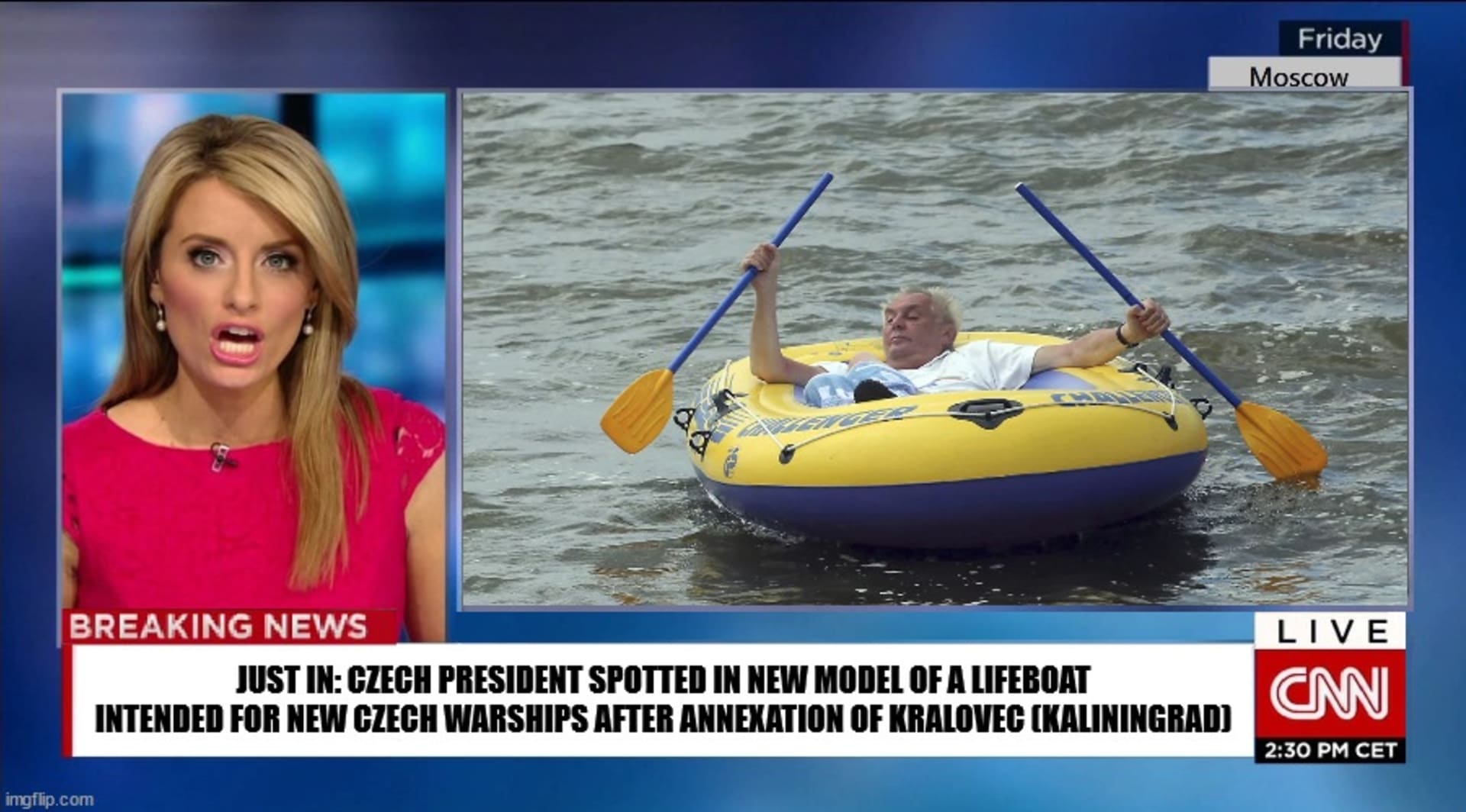 Mezi vtipnými kolážemi nemůže chybět ani prezident Miloš Zeman. Česká hlava státu má v oblibě každý rok vyrazit na jezero v dnes už ikonickém žlutém člunu Challenger. Že by šlo o nový model záchranných člunů pro českou flotilu kotvící v Královci?