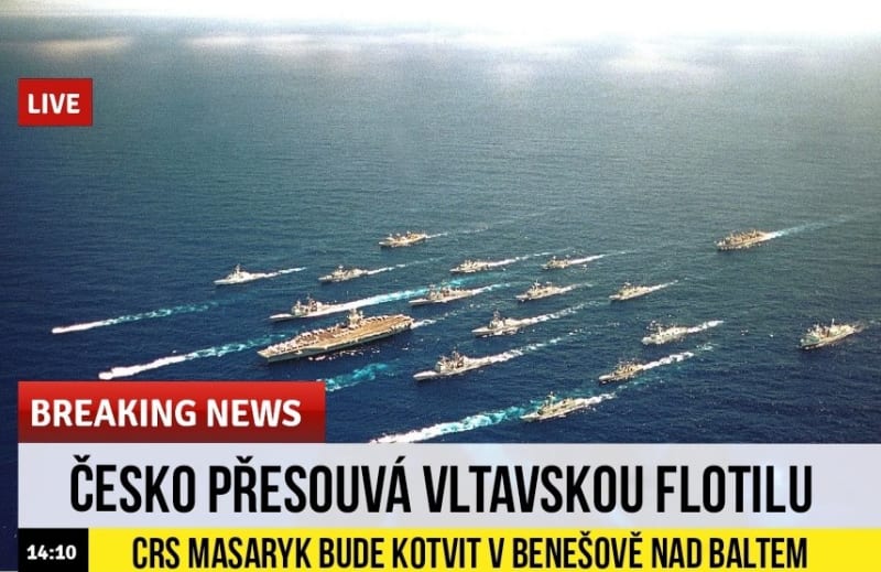 „Česko přesouvá vltavskou flotilu“, stojí na jednom z vtipných obrázků. V čele má být loď CRS Masaryk.