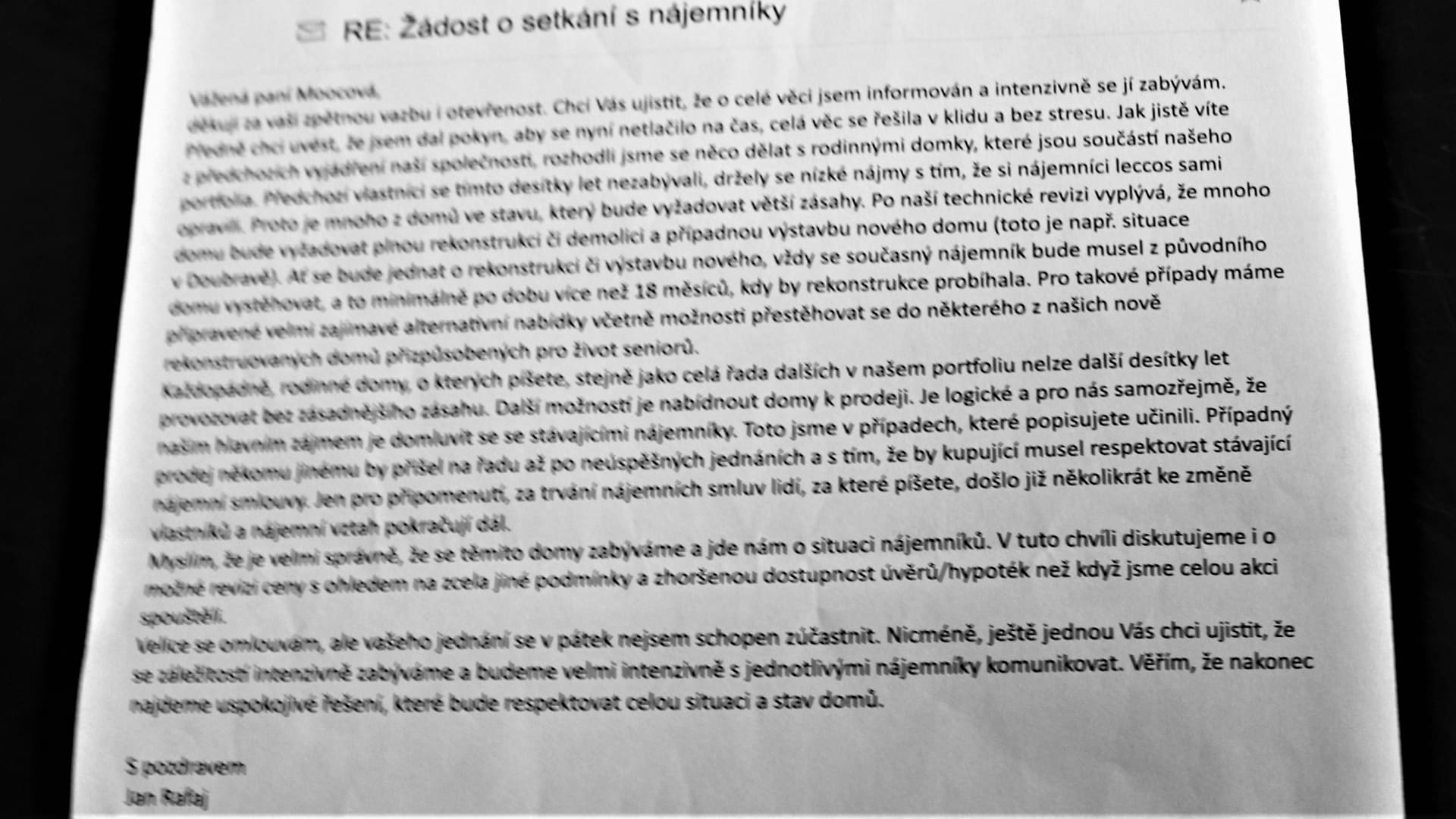 Dopis ředitele Heimstadenu Jana Rafaje organizátorům protestní schůze v kolonii finských domků Liščina