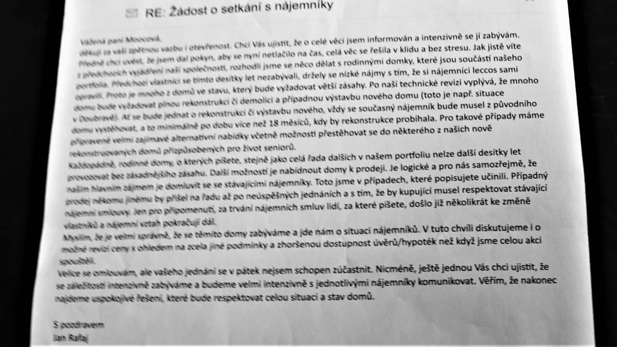 Dopis ředitele Heimstadenu Jana Rafaje organizátorům protestní schůze v kolonii finských domků Liščina